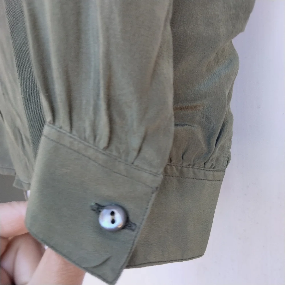 VTG Lorenzini Made In Italy Long Sleeve Button Down Green Silk Shirt Women's M/L
